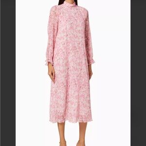 Ganni Pleated Georgette Mock-Neck Midi Dress in pink/lilac